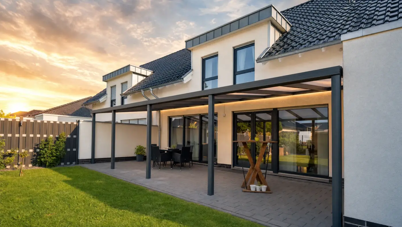Terrassendach aus Aluminium und Glas über einer Terrasse an einem Wohnhaus