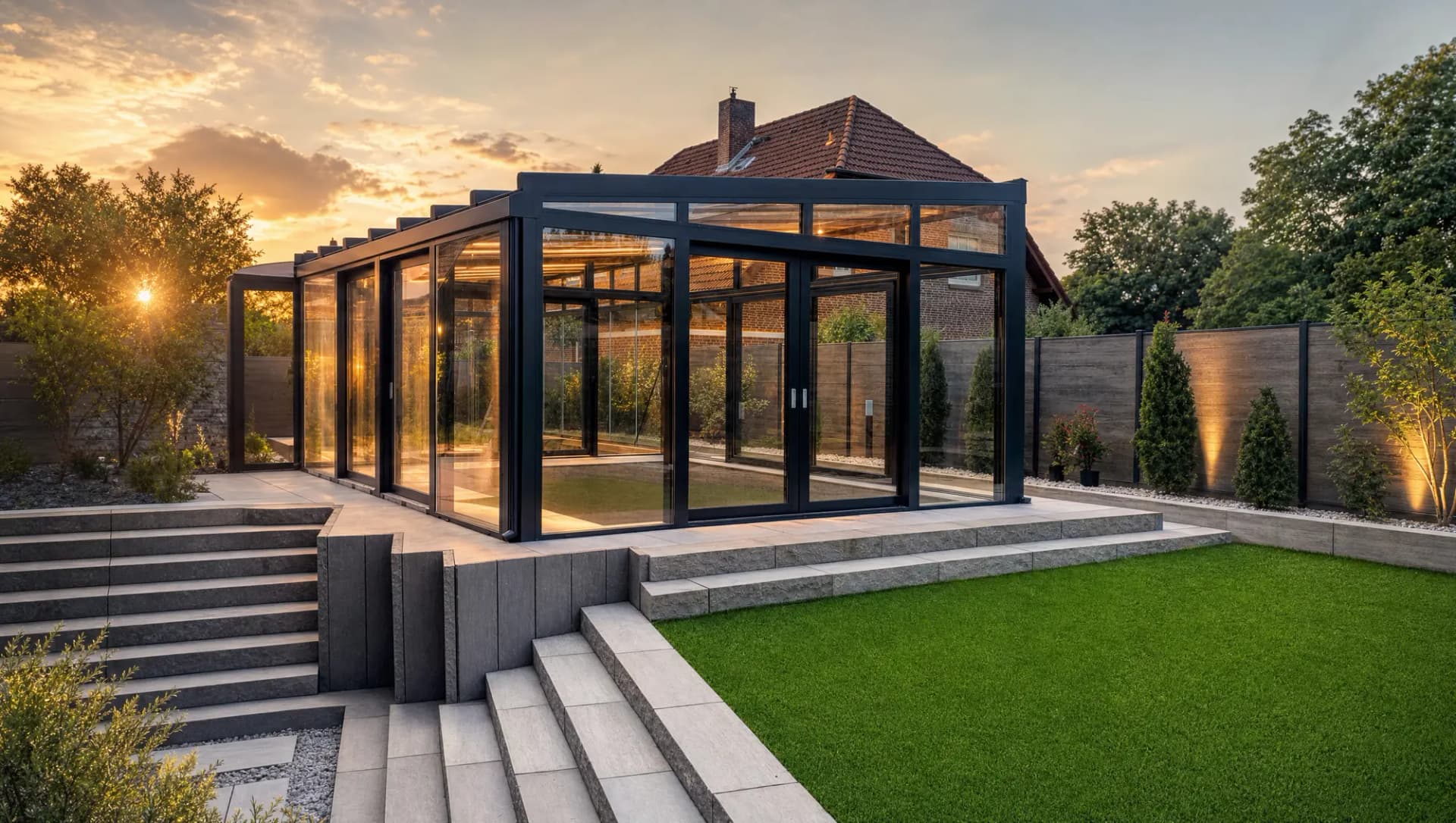 Wintergarten aus schlank profiliertem Aluminium und Glas an einem Wohnhaus